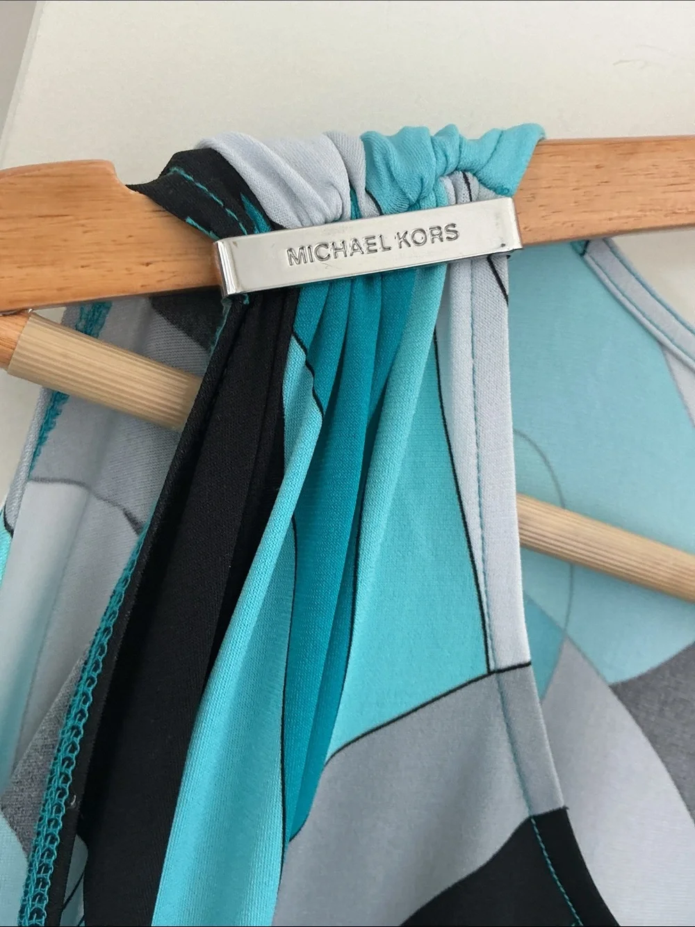Michael Kors Teal and Black Abstract Cold-Shoulder Tunic